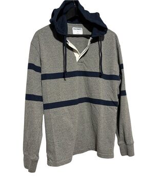 Old Navy Men’s Gray and Navy Striped Hooded Rugby Pullover. Size M.
